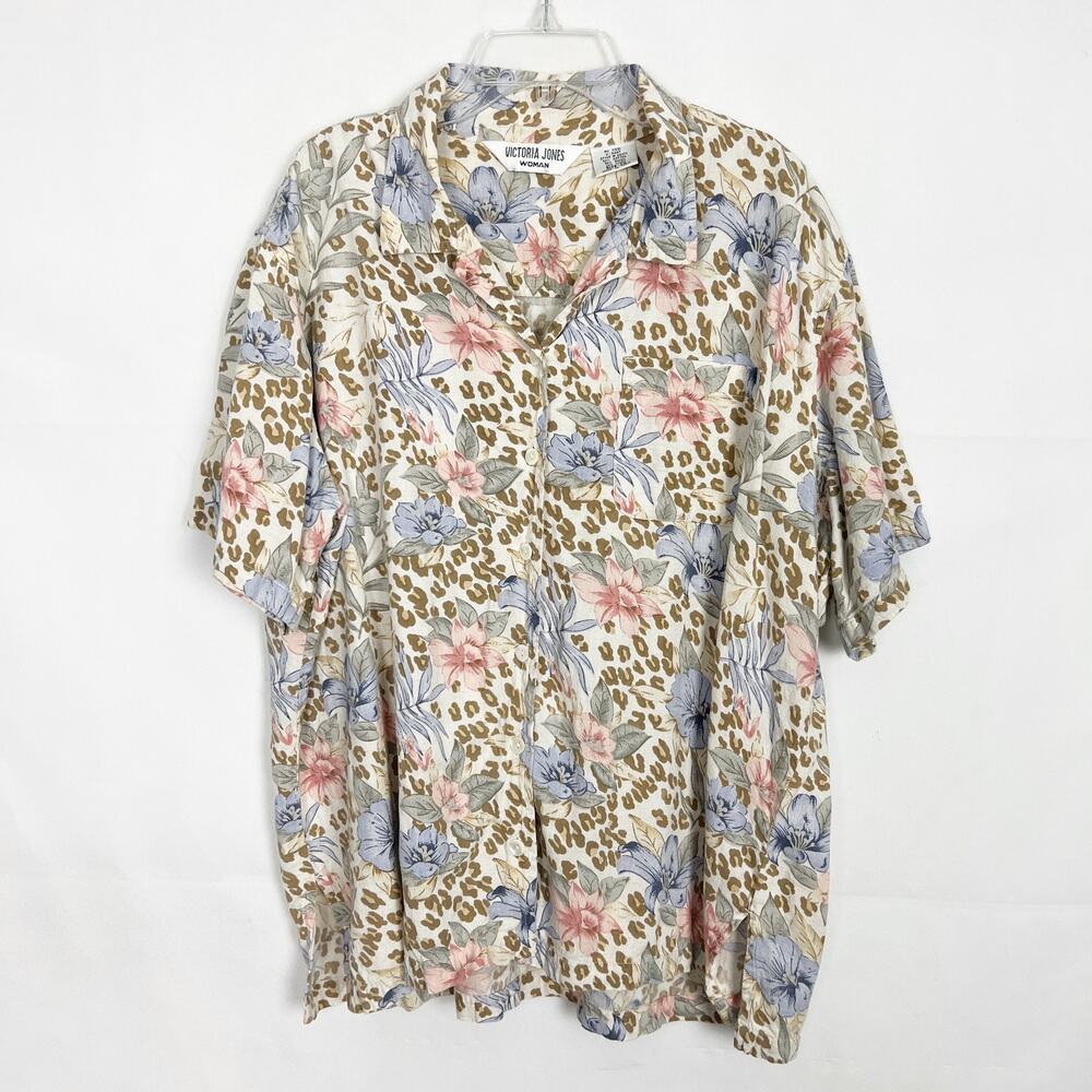 Victoria Jones Womens Shirt 2X Vintage Floral Button Front Relaxed Cotton Linen